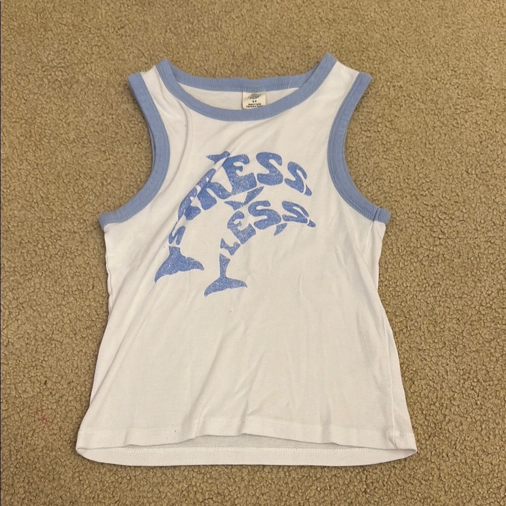 Urban Outfitters White and Blue Graphic Tank Top